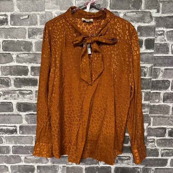 NWT LOFT Orange Satin Cheetah Print Tie Neck Long Sleeve Blouse shirt top - Picture 1 of 11